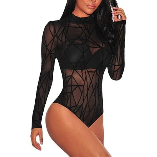 Women’s Sexy Black Sheer Mesh Long Sleeve Bodysuit